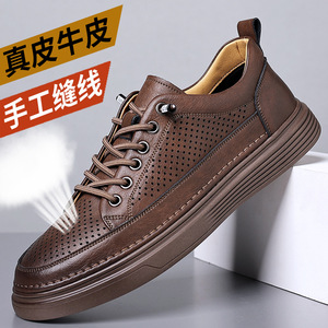 Chaussures bateau en cuir véritable pour hommes, à lacets, bout rond, semelle extérieure en caoutchouc respirante, style décontracté d'été, confortables et légères - Product Image 5