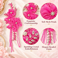 Applique florale 3D en maille perlée faite à la main avec strass et pompon pour vestes en tweed, robes, Qipao, robes de mariée, décoration DIY