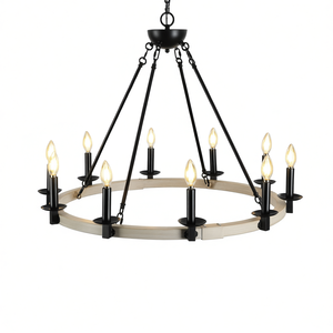 โคมไฟระย้าสไตล์บ้านไร่แบบเรียบง่าย 10 ดวง สีดำด้าน ทำจากโลหะและไม้ ทรงกลม ปรับความสูงได้ ใช้หลอดไฟ E12 - Product Image 1