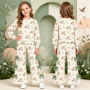 Conjuntos de Pantalones y Blusas con Lazo para Bebés, Estilo Sureño, Venta al por Mayor, Ropa Casual para Niñas, Spandex Suave/Algodón Orgánico - Product Image 1