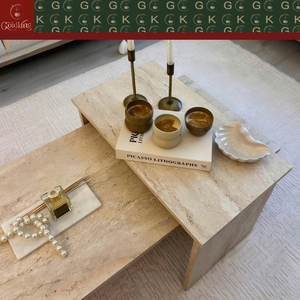 Table basse rectangulaire en <span class=keywords><strong>travertin</strong></span> beige naturel GOLDKING avec base en plinthe solide pour <span class=keywords><strong>salon</strong></span>, centre de la maison <span class=keywords><strong>moderne</strong></span>, espace lounge - Product Image 2