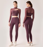 Ensemble de yoga respirant en maille asymétrique pour femmes, haut court à manches longues et leggings, vêtements de sport, tenue de pilates, vêtements de gym