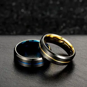 2020批发热卖创意戒指西方工艺礼品结婚不锈钢时尚男士饰品金色蓝色条纹戒指