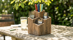 Organisateur de couverts en bois avec compartiments pour fourchettes, cuillères, couteaux, utilisation en extérieur sur table - Product Image 3