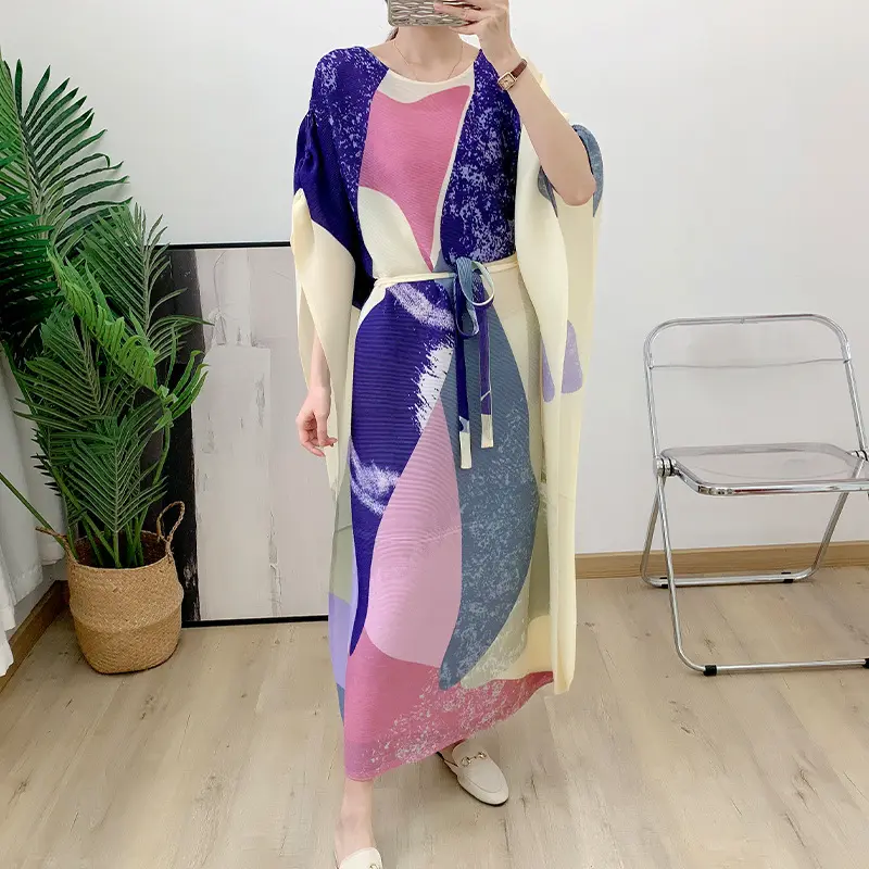 Summer Women's Plus Size Dress Fall New Loose Drawstring Waist Batwing Sleeve Printed Maxi Dress Sleeve Color Contrast Lady