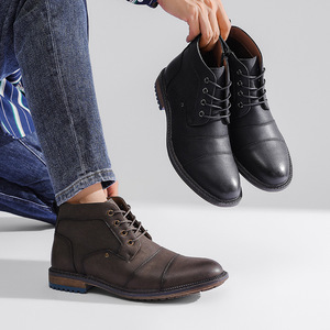 Botas de cuero marrón con punta redonda y cordones, suela de goma, para todas las estaciones, envío directo - Product Image 1