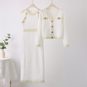 Elegant 2 Piece Set Women Long Tank Dress Knit Cardigan Sweater <b>Gold</b> <b>Button</b> Up Rib Knitted Vest Dress Manufacturer - Product Image 3