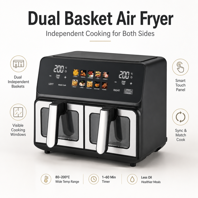 Easy to Operate Double Basket Large Capacity Heat-resistant Housing Oil-free Overheating protection Air Fryer with Non-slip Feet