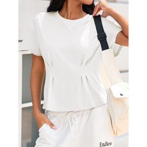Hauts à volants pour femmes, manches courtes, col rond, chemisier plissé, décontracté, blanc, été - Product Image 4