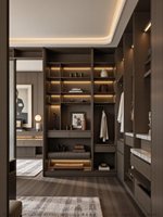 Dressing sur mesure en bois foncé de luxe, armoire italienne moderne avec éclairage LED, système de rangement sur mesure pour toute la maison