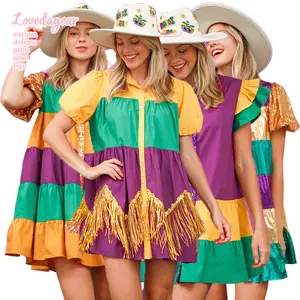 Loveda individuelle Mardi Gras-Bekleidung Damen mehrstöckige Farbe Block Rüschen Pailletten kurze Ärmel lässiges Party-Kleid mit Folienfranse