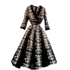 High Waist A-Line Long Sleeve Dress Runway Dresses Women 2024 Elegant Boho Vintage Spring Autumn Luxury Party lace embroidery