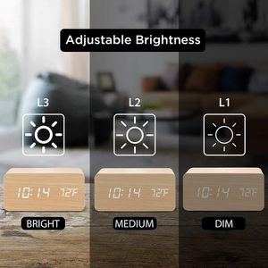 Digitale LED-wekker met spraakbesturing, bamboe houten behuizing, temperatuurweergave, 10W supersnelle draadloze oplader, snooze-functie, promotioneel cadeau - Product Image 5