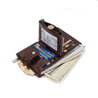 Dompet Kulit Asli Anti RFID Mewah Kasual Mini Kecil Vintage Pria Slim Wallet Dengan Resleting