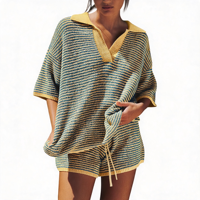Ensemble deux pièces en tricot à rayures horizontales jaune turquoise, col polo, haut à manches courtes et short à cordon de serrage, ensemble de pull en tricot color block