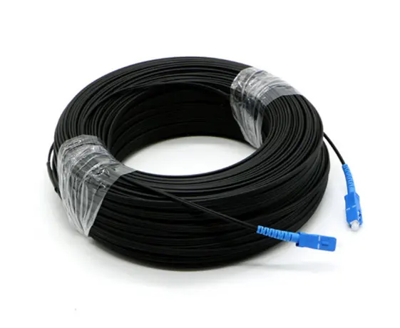1 Core Ftth Fiber Optic Drop Cable Black Outdoor Three Units G657A1 SC Patch Cord