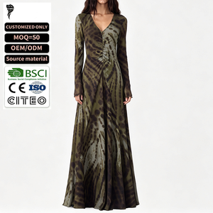Custom Women Elegant V Neck <b>Long</b> Sleeve Chiffon Maxi <b>Dress</b> Natural Woven Abstract Print Ruched Flowy Evening Party <b>Dress</b> - Product Image 1