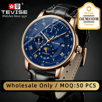 Montre mécanique de luxe pour homme TEVISE avec chronographe, étanche 3BAR, boîtier en alliage et bracelet en cuir