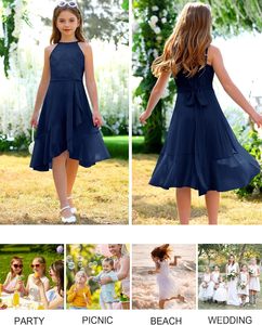 Robe de demoiselle d'honneur <span class=keywords><strong>junior</strong></span> MITILLY pour filles, en dentelle, à volants, en mousseline, dos nu, coupe trapèze, asymétrique, fluide, sans manches, pour mariage et fête - Product Image 5