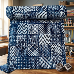 Cubrecama Kantha con Estampado a Mano, Tamaño Doble 90×108 Pulgadas, Colcha Tradicional India de Algodón, Reversible, Hecha a Mano, Estilo Bohemio - Product Image 5