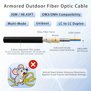 Câble de brassage fibre optique blindé extérieur LC vers LC, OEM ODM, 30M/98FT, OM3/OM4, Multimode <span class=keywords><strong>Duplex</strong></span> 50/125µm, 10Gb/40Gb/100Gb, industriel, avec gaine TPU - Product Image 2