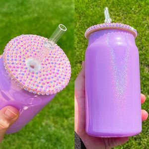 Livraison Gratuite – Nouvelle Canette en Verre Scintillante Blanche 16oz avec Effet Arc-en-ciel, Strass et Couvercle en Bambou - Product Image 3
