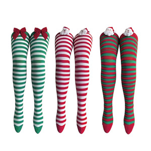 Christmas Striped Polyester Over-the-knee Socks <b>Bow</b> Pom-pom Accents Womens <b>Red</b>-green Color Scheme Santa-Claus Socks - Product Image 1