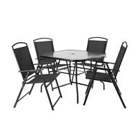 Ensemble de salle à manger pliant d'extérieur moderne en métal et fer, imperméable et durable, 4 places, avec table en verre et tissu polyester, pour cour, parc, hôtel
