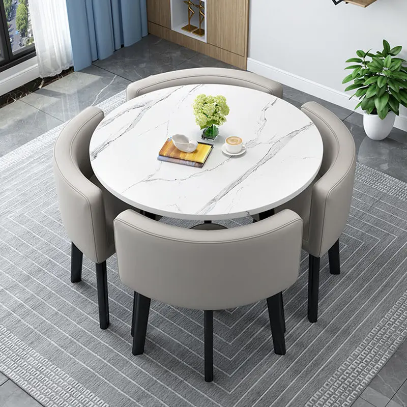 Moderne Luxus Holz Küche Restaurant Tische und Stuhl setzt Zimmer möbel kleine runde Marmor Holz Esstisch Set 4 Stühle