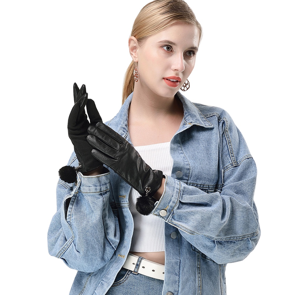 Женские кожаные перчатки с меховым помпоном, теплые мягкие перчатки на запястье, Лидер продаж 2022