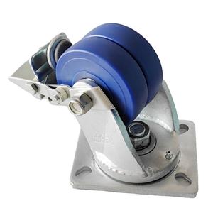 Roulettes industrielles ultra-résistantes 4 pouces en nylon MC bleu, double roue pivotante avec freins à bande en acier, roulement à billes galvanisé - Product Image 1