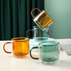 Tasse à café en verre coloré à double paroi résistante aux hautes températures avec poignée, design moderne et simple pour la maison - Product Image 1