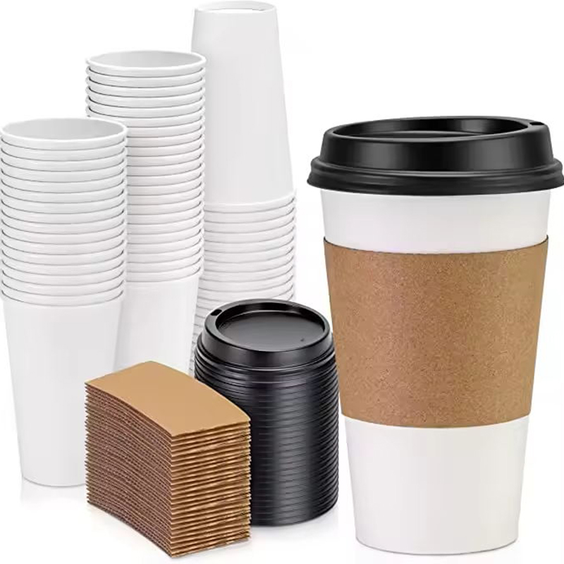 Biodegradable Packaging Hot Beverage Disposable White Paper Coffee Cup With Black Dome Lid and Kraft Sleeve Combo