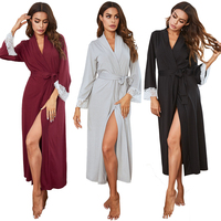 Vrouwen Nachtkleding Zachte Winter V-hals Met Lange Mouwen Kant Patchwork Gebreide Nacht Gewaden Vrouwen Kimono Robe Met Riem