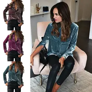 2021 New Spring Vintage Women Fashion Long Sleeves Velvet Blouse Vintage Female V Neck Street Shirts Elegant Silk Blouses