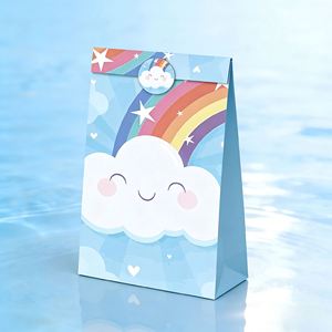 Bolsa de Regalo de Papel Kraft con Diseño de Arcoíris y Nubes, Sellada con Adhesivo, Base Cuadrada, Asa de Cuerda, Impresión a Color, para Dulces, Joyería, Fiestas de Cumpleaños - Product Image 1
