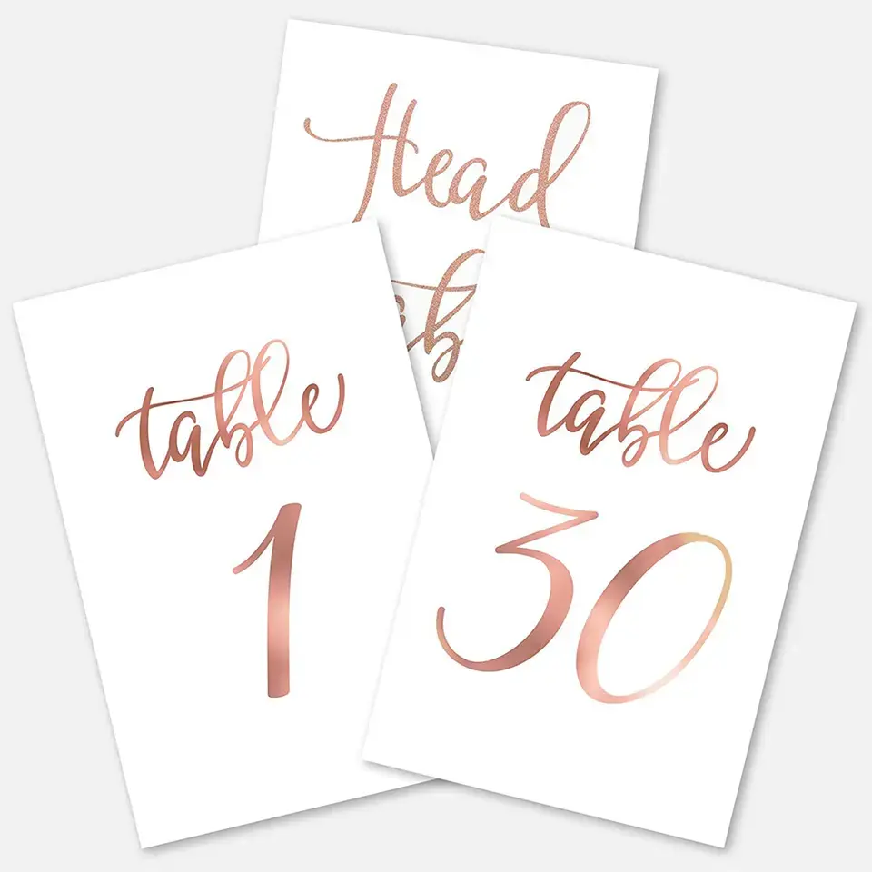 Custom Impresso Rose Gold Foil Casamento Double Sided Paper Stand Up Table Numbers Cartões com Mesa Principal