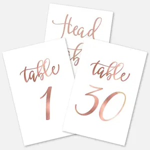 Feuille d'or rose imprimée sur mesure cartes de numéros de table debout en papier double face pour mariage avec tête de table