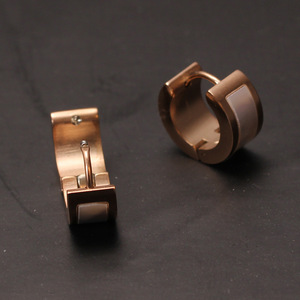 Rose Gold Huggie Earrings 7mm Shell Inlaid Geometric Design For Women Party Jewelry Stainless Steel <b>Post</b> - Product Image 2