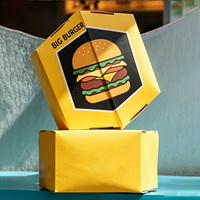 Boîtes à hamburgers hexagonales en papier kraft recyclé, fabriquées en usine, de forme spéciale, sûres pour les aliments, avec traitement anti-graisse, impression couleur, ouverture facile
