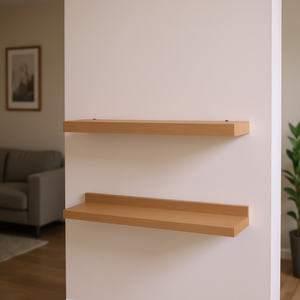 Étagère murale en bois de chêne massif brun clair, réglable en hauteur, à double niveau, style minimaliste, pour le rangement dans le salon - Product Image 2