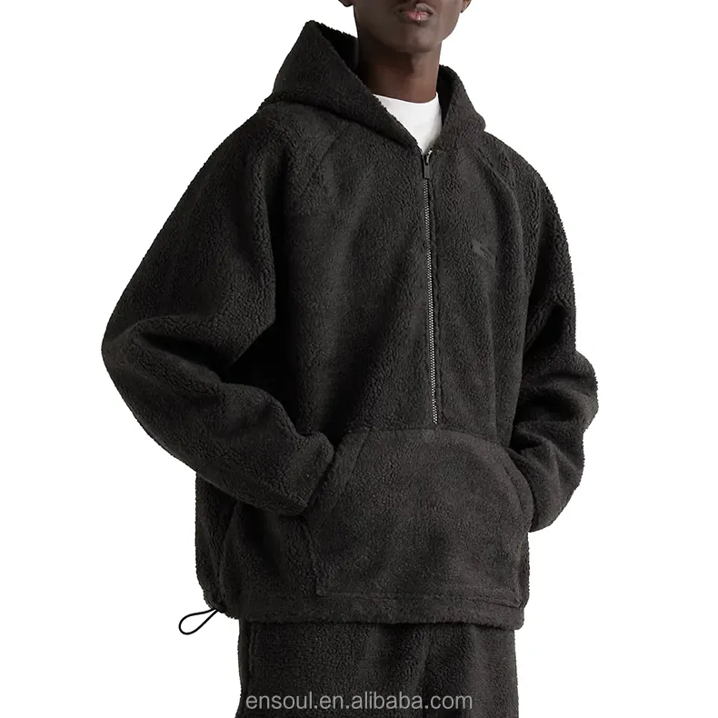 Winter Custom Logo Retro Styles Pullover Mesh Lining Half Zip Sherpa Hoodie For Men