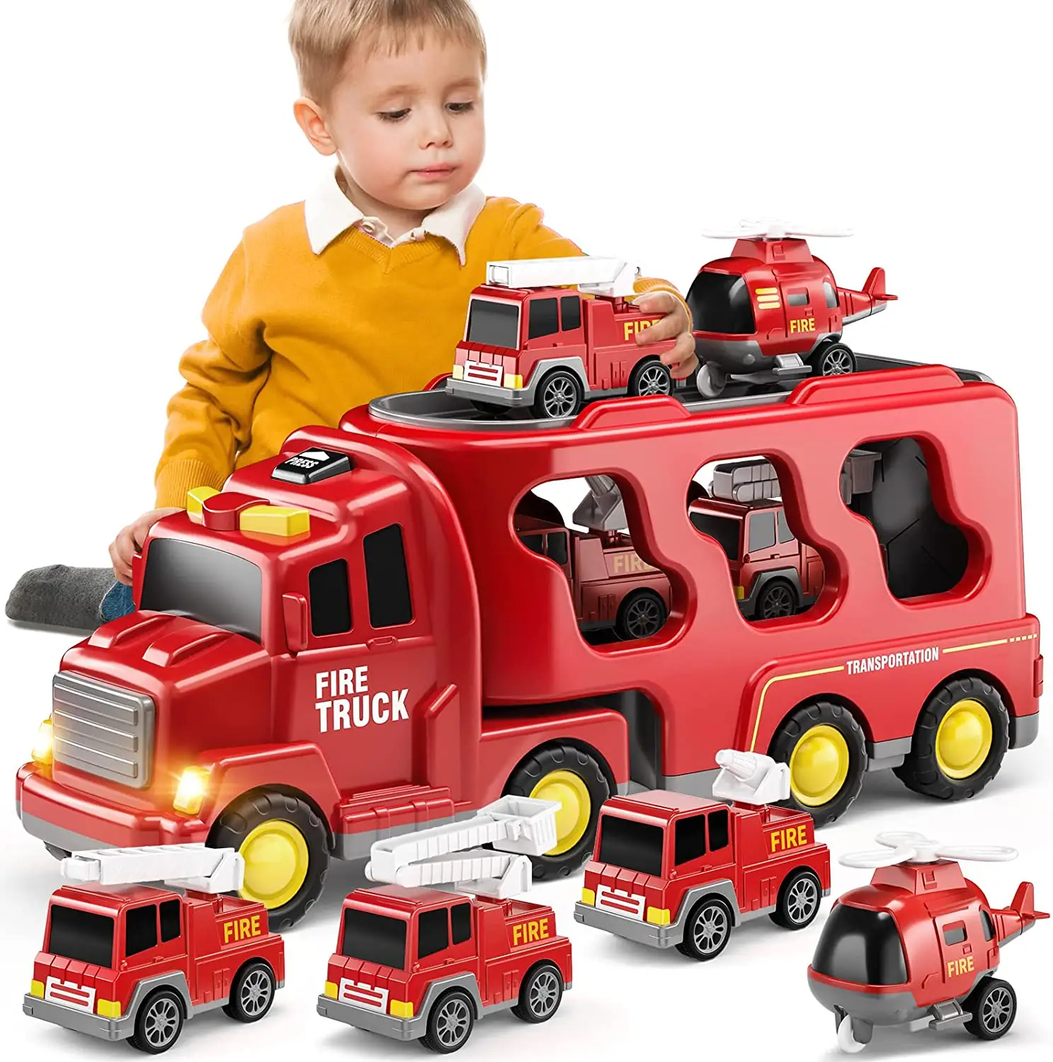 Fire Toys for Boys Girls 5 in1Carrier Truck Transport Cars for Toddlers Friction Power Vehicles for Kids Christmas Birthday Gift