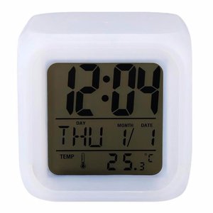 7 Colors Changing Night Light <b>Digital</b> Desk <b>Clock</b> Square LCD Display Temperature Day Date White Plastic Minimalist Design <b>Battery</b> - Product Image 1