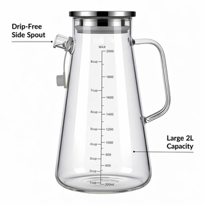 Carafe à eau en verre borosilicate <span class=keywords><strong>de</strong></span> 2000 ml <span class=keywords><strong>avec</strong></span> graduation, couvercle en acier inoxydable, bec verseur et bouchon, résistante à la chaleur - Product Image 2