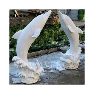 Décoration de jardin extérieur sculpté à la main en pierre naturelle marbre blanc dauphin fontaine Sculpture