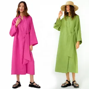 新设计睡衣女100% 棉仿亚麻面料空白长和服睡袍