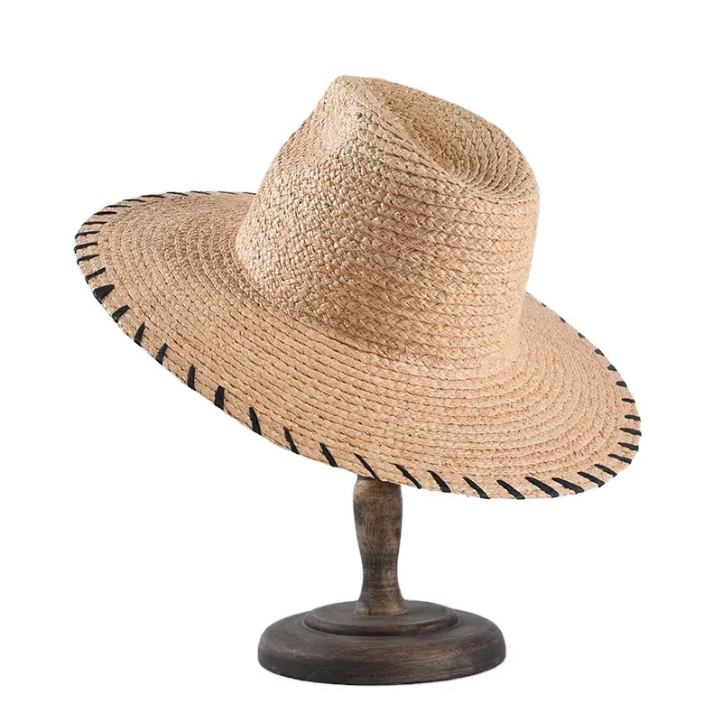 Groothandel zomer strand brede rand panama stro hoed brede rand raffia