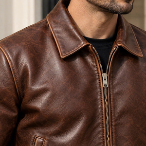 Veste moto en cuir véritable marron pour homme, col rabattu, fermeture éclair, coupe classique, style automne - Product Image 3