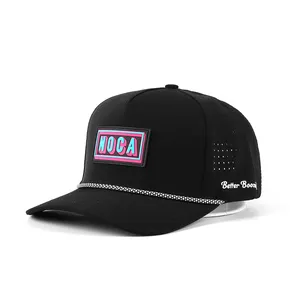 Custom 5 Panel Rubber PVC Logo Perforated Baseball Cap Waterproof Laser Cut Drilled Hole Perforated Hat Golf Rope Hat